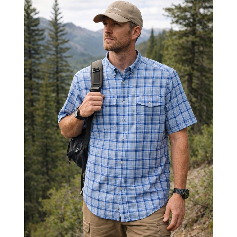 Columbia Men's Leadville Ridge Button Down Shirt XL Blue Plaid Short Sleeve EUC